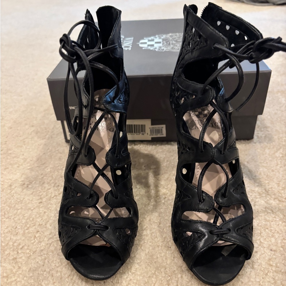 Vince Camuto Jillie size 5 Black Lace-Up Cutout Peep-Toe Heels